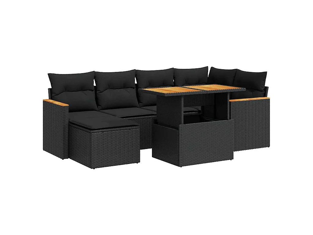 7-tlg. Garten-Sofagarnitur mit Kissen Schwarz Poly Rattan