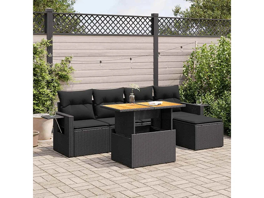 Salon de jardin 6 pcs avec coussins noir résine tressée
