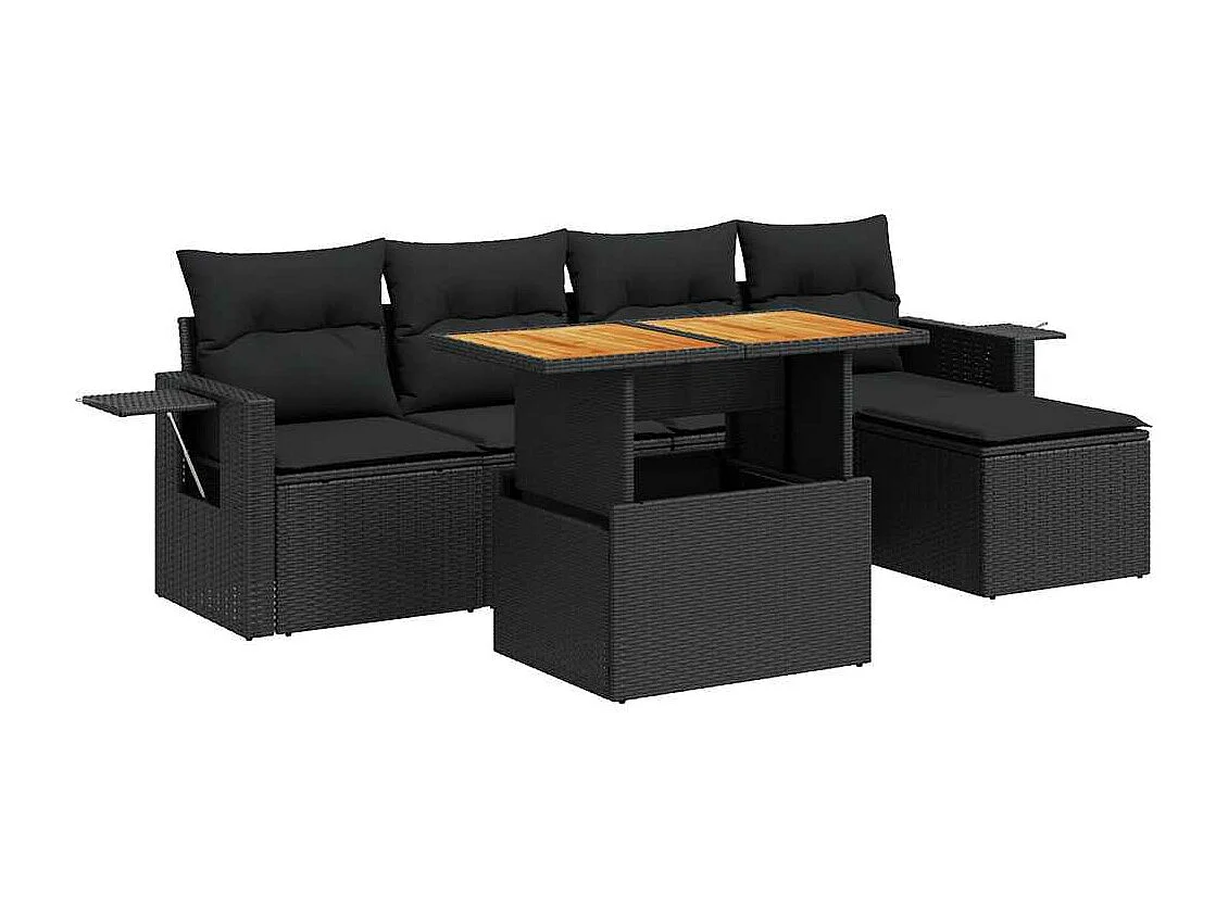 Salon de jardin 6 pcs avec coussins noir résine tressée