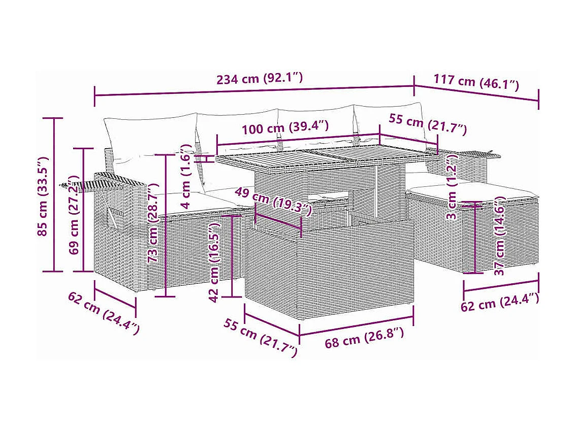 Salon de jardin 6 pcs avec coussins noir résine tressée