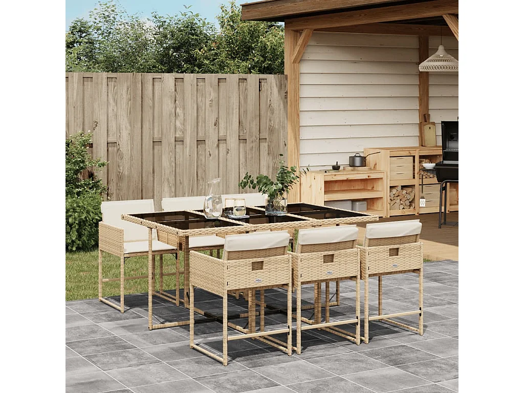 Ensemble à manger de jardin et coussins 7 pcs beige poly rotin