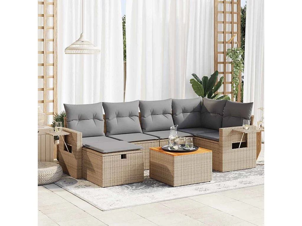 7-delige Loungeset met kussens poly rattan beige