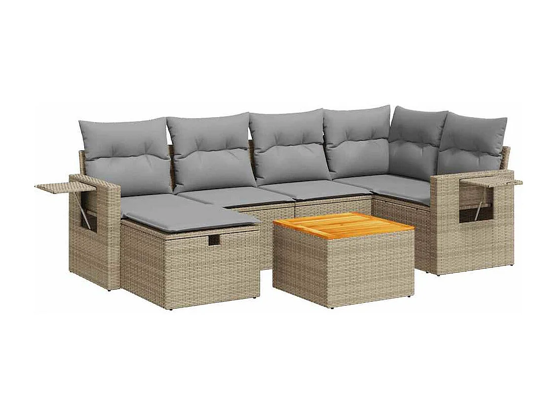 7-delige Loungeset met kussens poly rattan beige