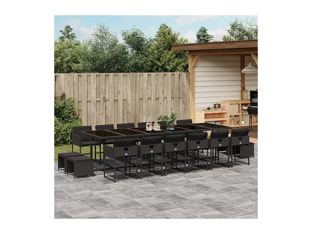 Ensemble à manger de jardin 17 pcs coussins noir résine tressée