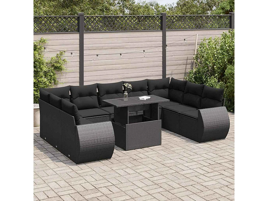 Salon de jardin 10 pcs avec coussins noir résine tressée