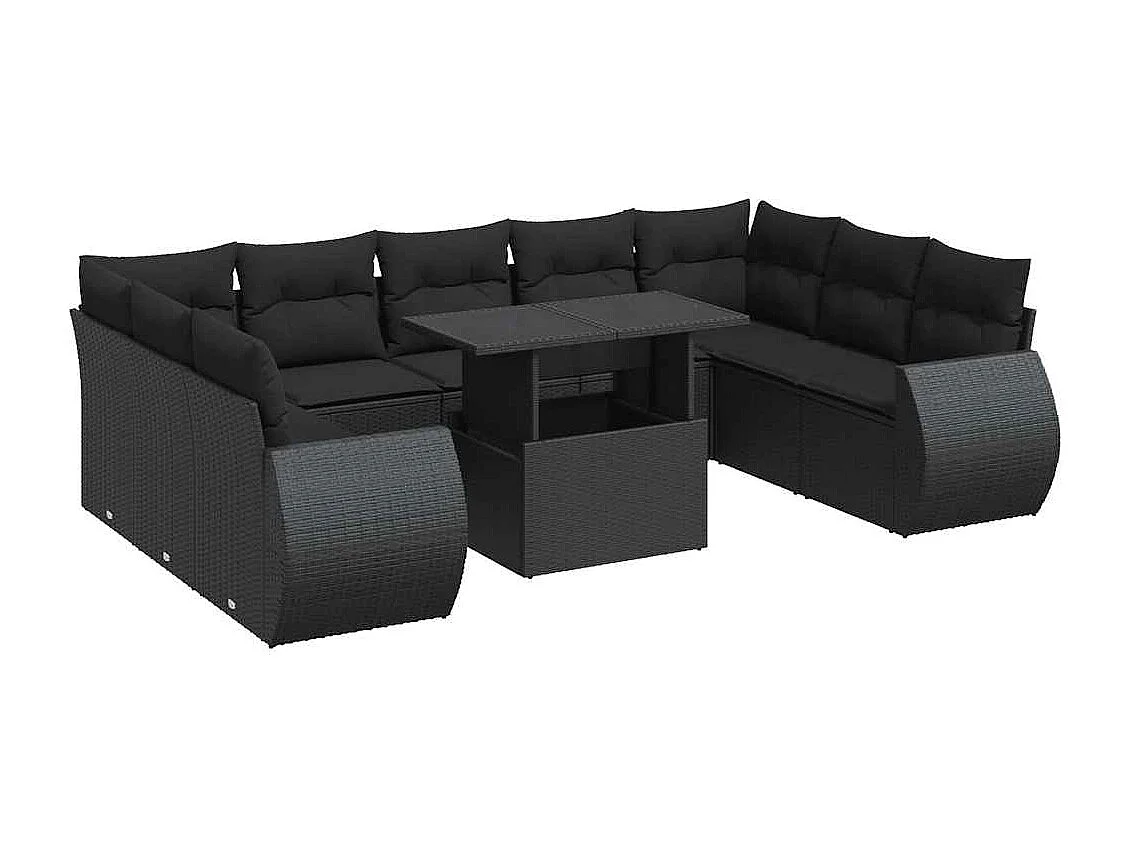Salon de jardin 10 pcs avec coussins noir résine tressée