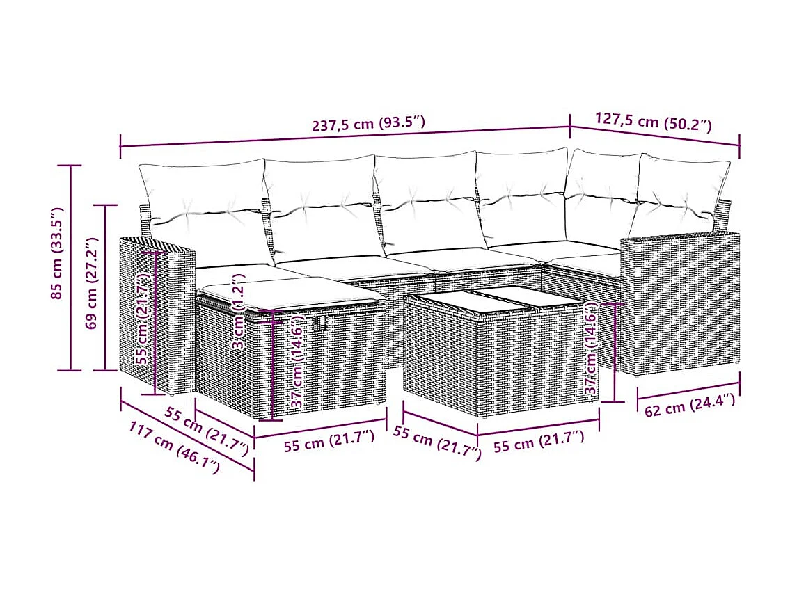 Salon de jardin 7 pcs avec coussins noir résine tressée