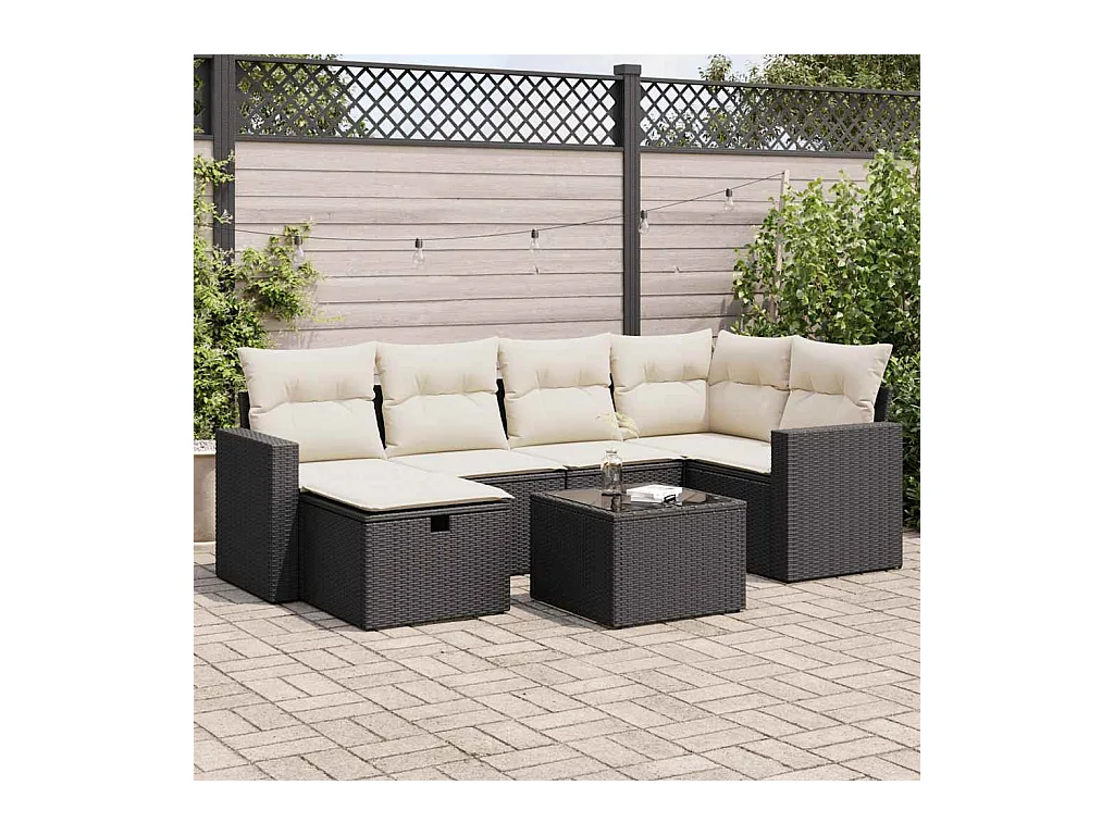 7-delige Loungeset met kussens poly rattan zwart