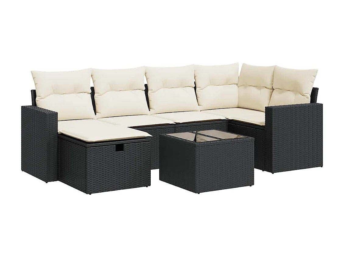 Set Divani da Giardino con Cuscini 7pz Nero Polyrattan