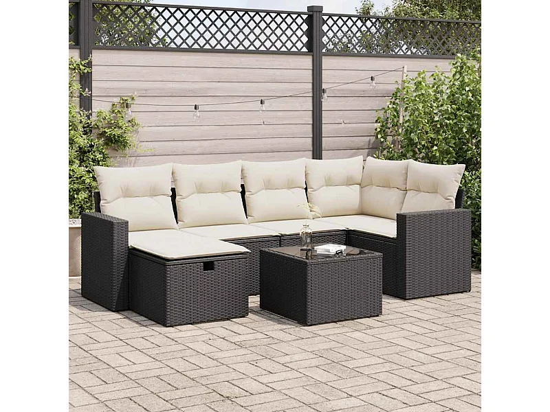7-delige Loungeset met kussens poly rattan zwart