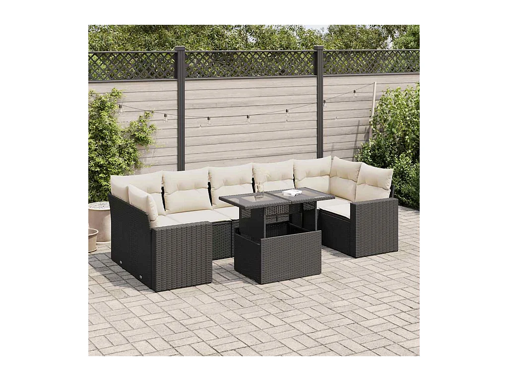 8-delige Loungeset met kussens poly rattan zwart