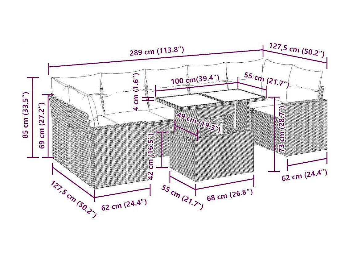 8 pcs conjunto sofás de jardim com almofadões vime PE preto