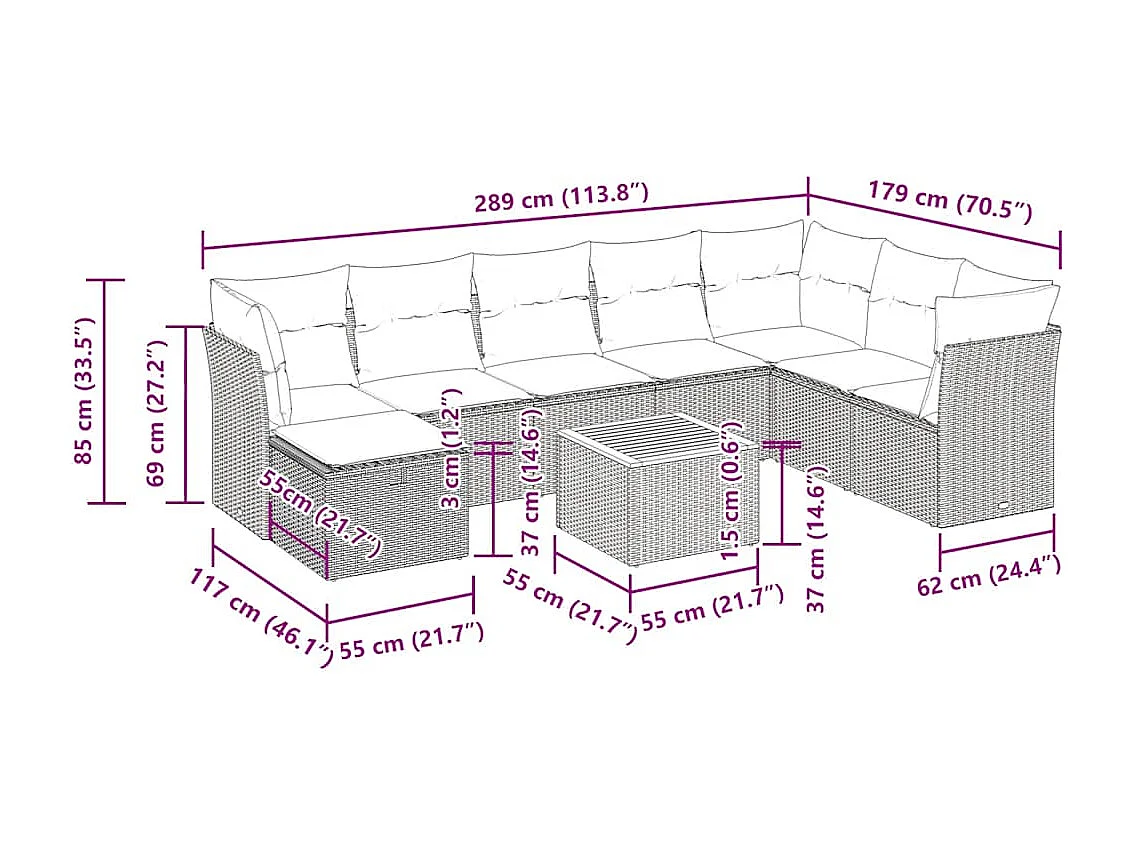Set de sofás de jardín con cojines 9 pzas ratán sintético beige
