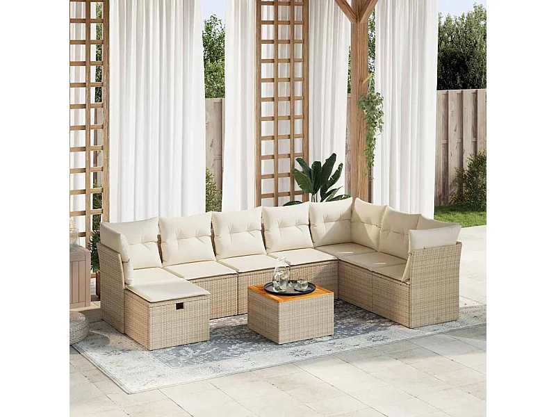 Set Divano da Giardino 9 pz con Cuscini Beige in Polyrattan