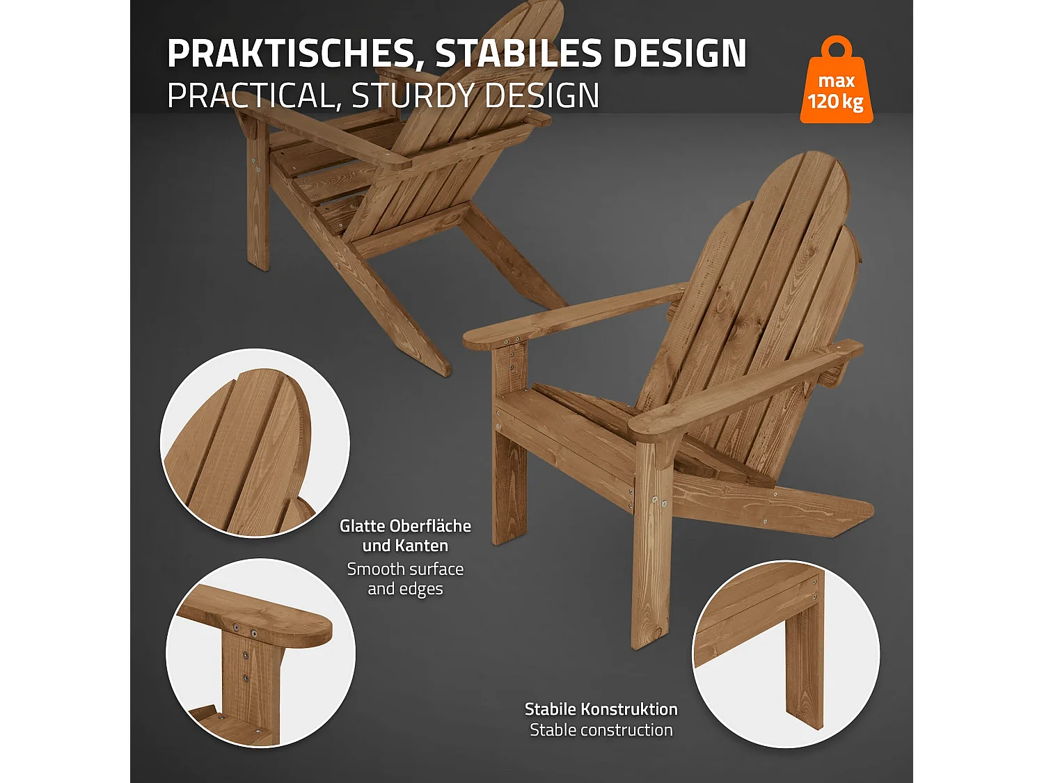 2x Fauteuil de jardin  bois massif marron Adirondack avec dossier et accoudoirs