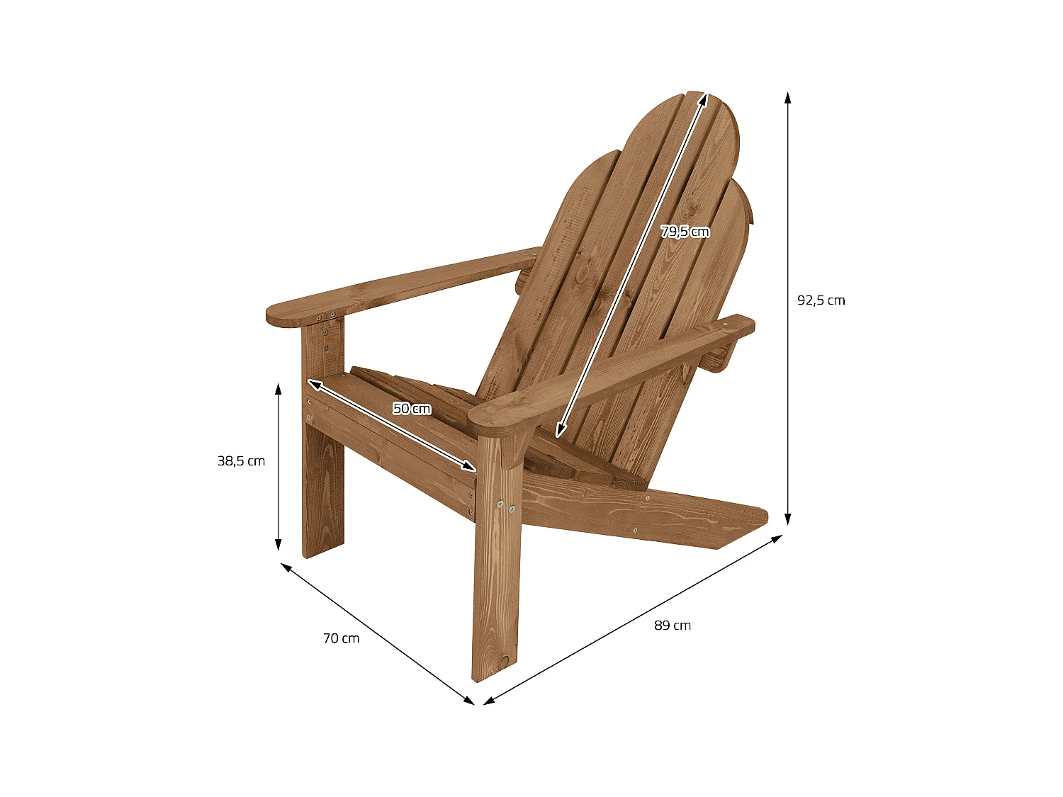 Fauteuil de jardin en bois massif marron Adirondack avec dossier et accoudoirs
