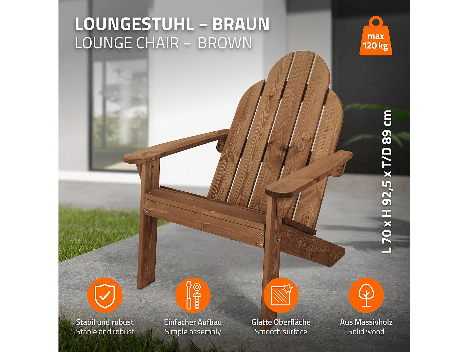 Sedia da giardino Adirondack poltroncina legno massiccio marrone con schienale