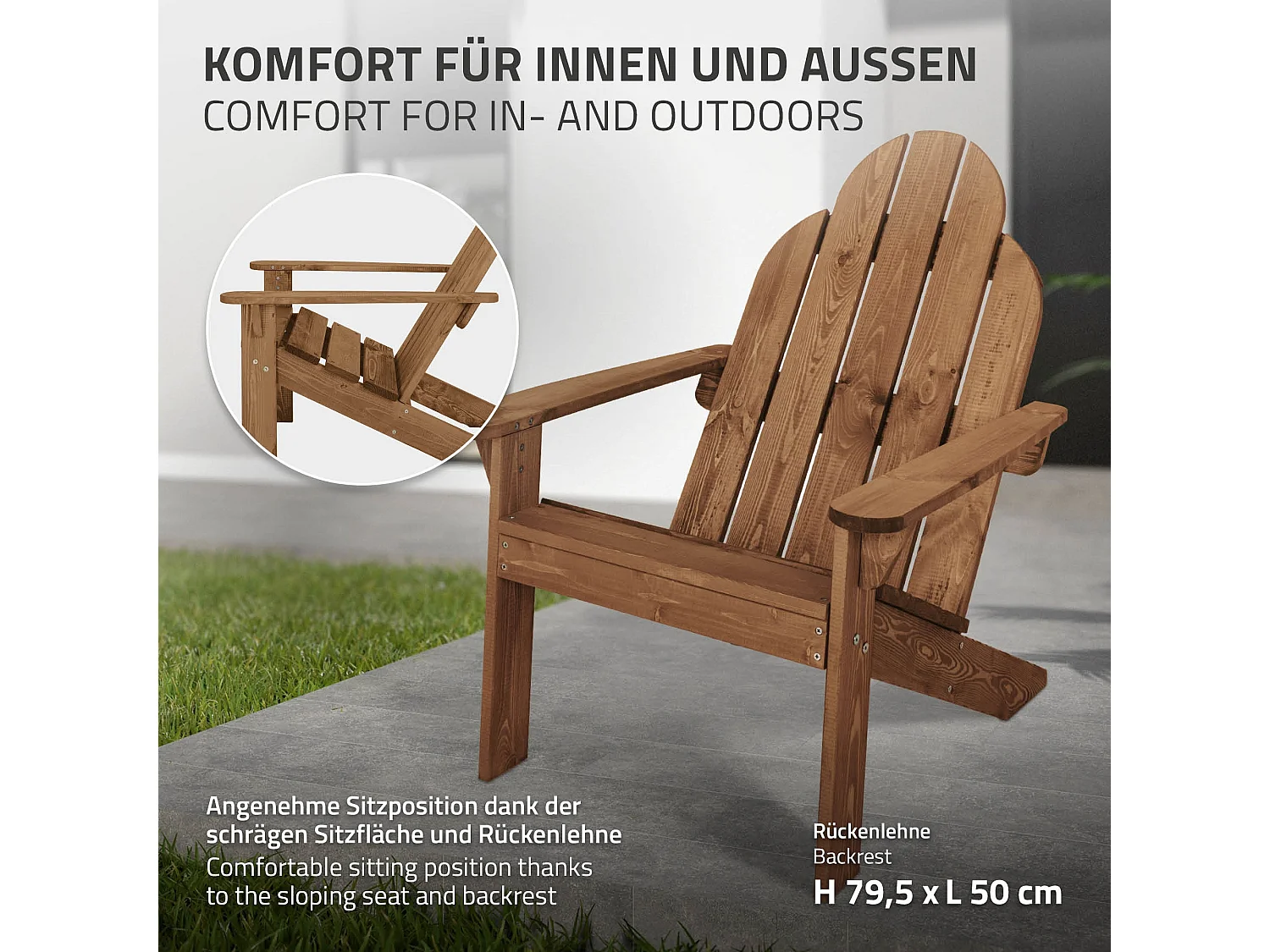 Sedia da giardino Adirondack poltroncina legno massiccio marrone con schienale