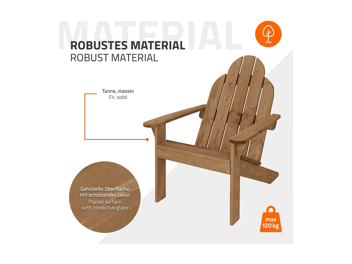 Sedia da giardino Adirondack poltroncina legno massiccio marrone con schienale