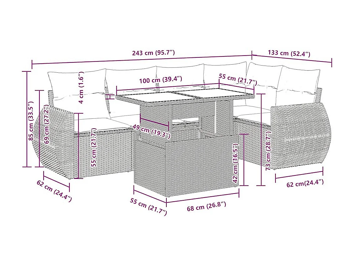 6 pcs conjunto sofás de jardim c/ almofadões vime PE preto