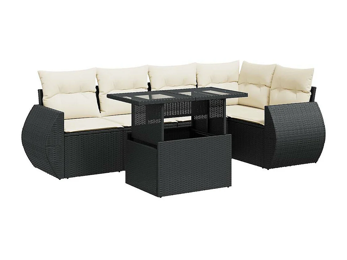 6 pcs conjunto sofás de jardim c/ almofadões vime PE preto