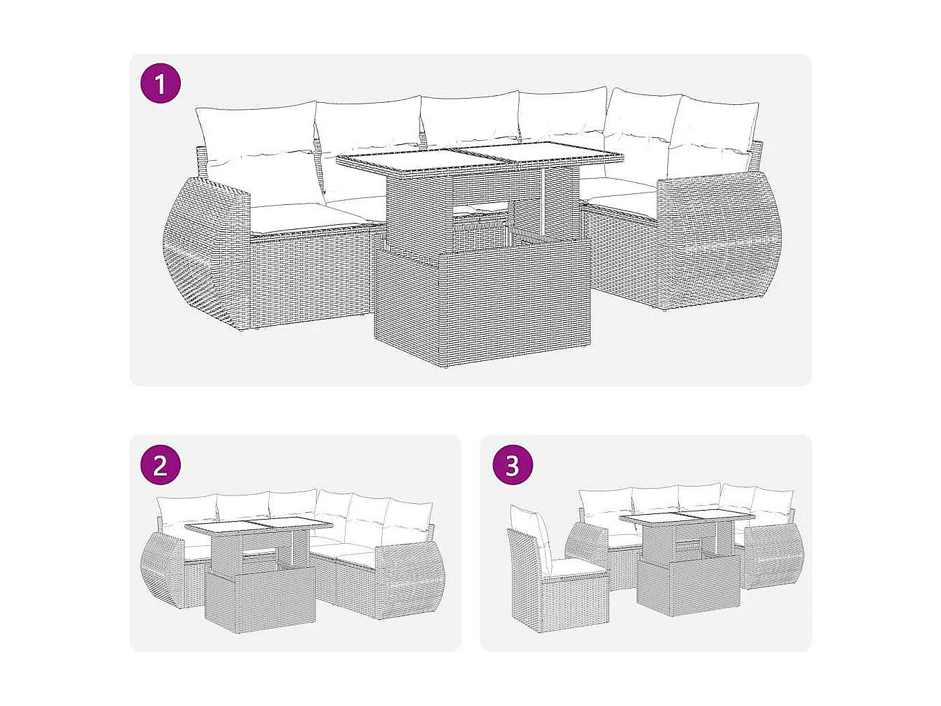 6 pcs conjunto sofás de jardim c/ almofadões vime PE preto