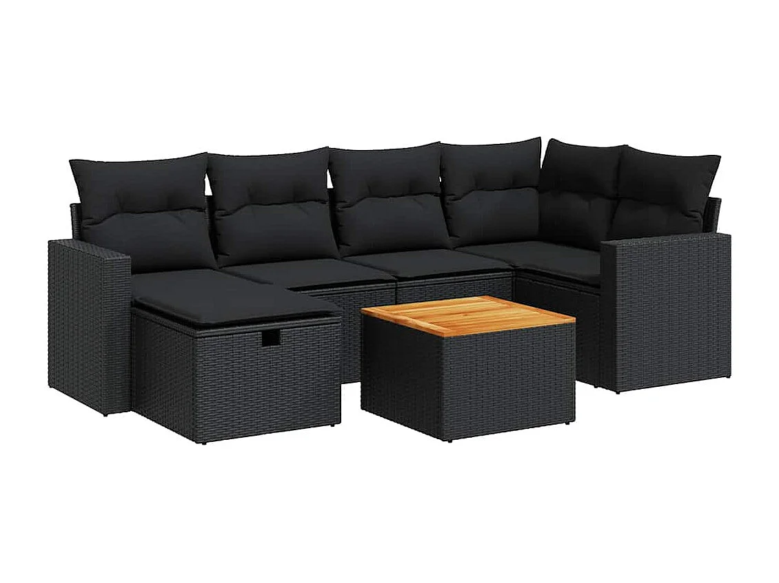 7 pcs conjunto de sofás p/ jardim c/ almofadões vime PE preto