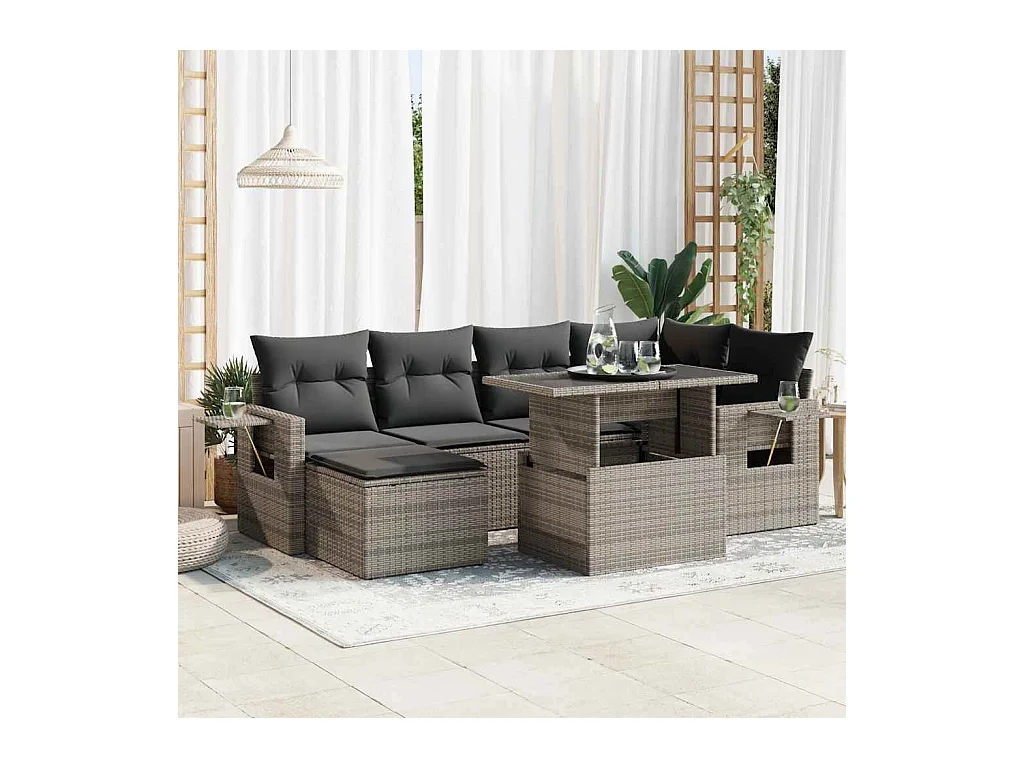 7-delige Loungeset met kussens poly rattan grijs
