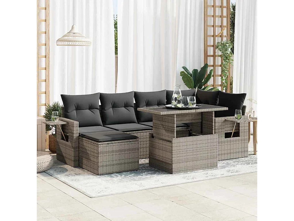 Salon de jardin avec coussins 7 pcs gris résine tressée