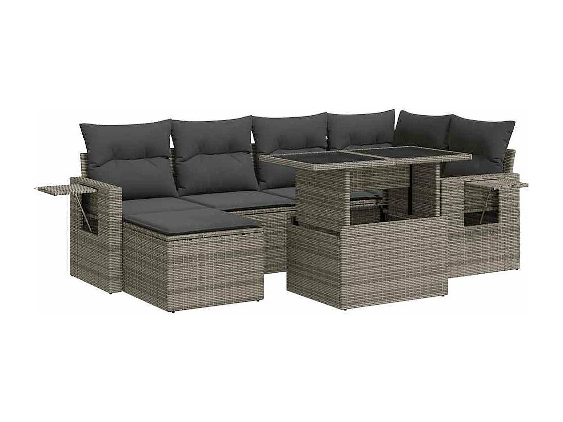 Salon de jardin avec coussins 7 pcs gris résine tressée