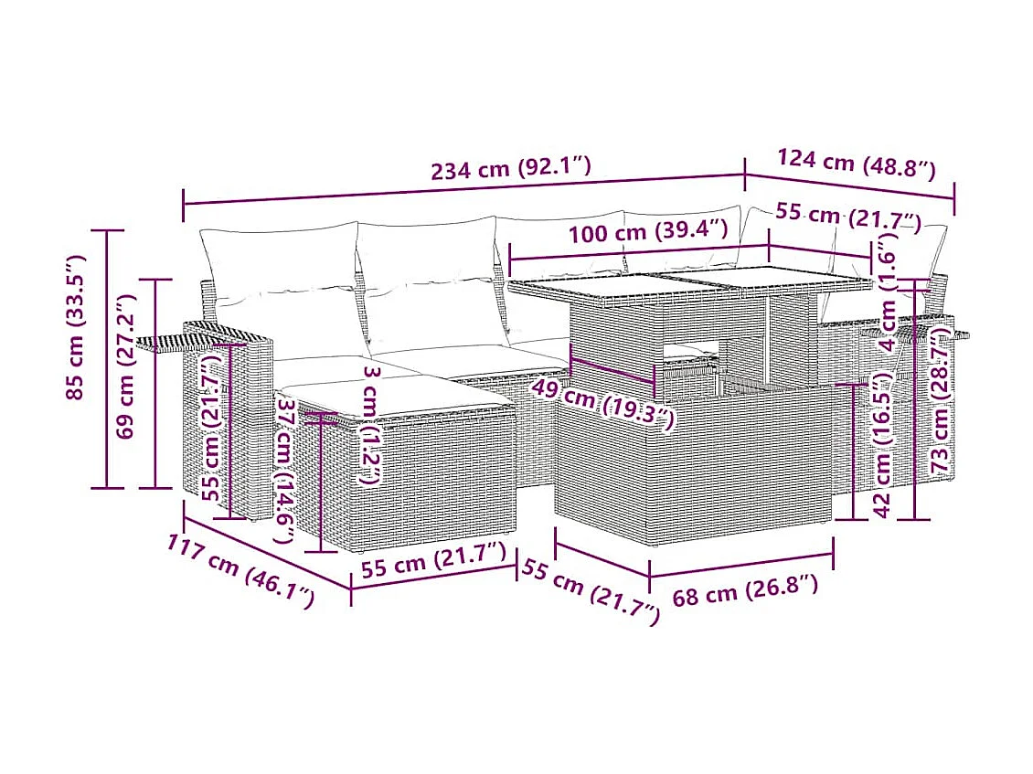 Salon de jardin avec coussins 7 pcs gris résine tressée