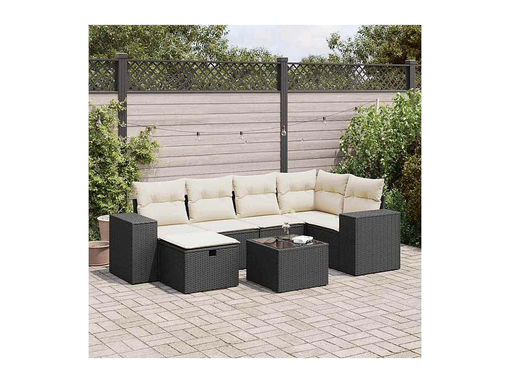 Set Divani da Giardino con Cuscini 7pz Nero Polyrattan