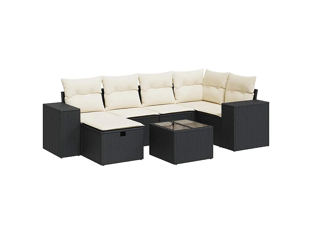 7-delige Loungeset met kussens poly rattan zwart