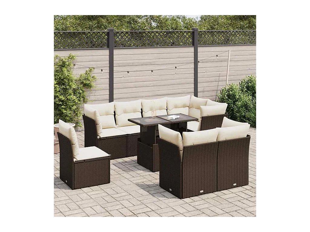 Salon de jardin avec coussins 9 pcs marron résine tressée