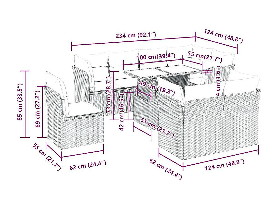Salon de jardin avec coussins 9 pcs marron résine tressée