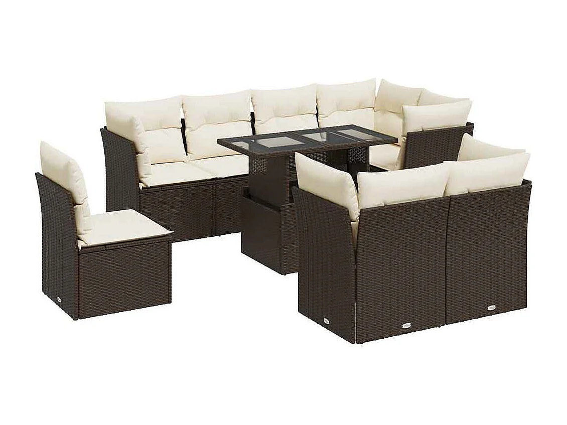 9-tlg. Garten-Sofagarnitur mit Kissen Braun Poly Rattan