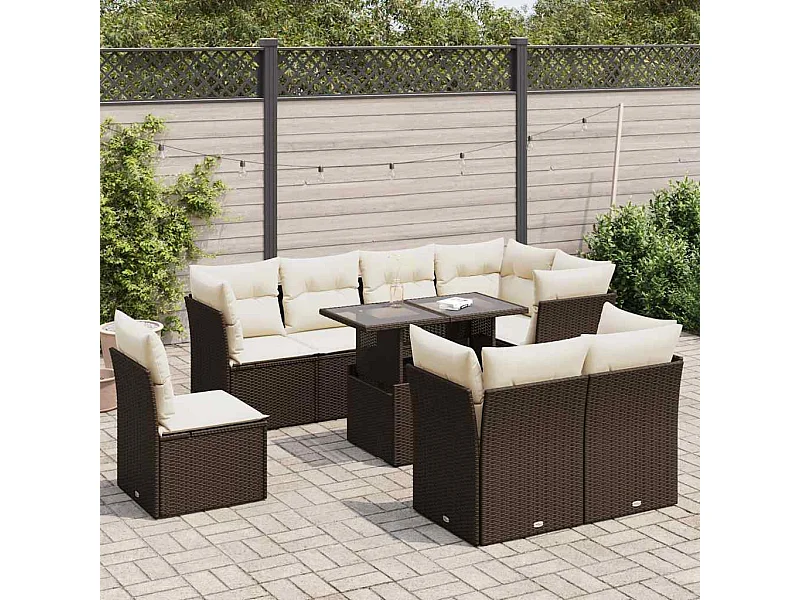 Salon de jardin avec coussins 9 pcs marron résine tressée
