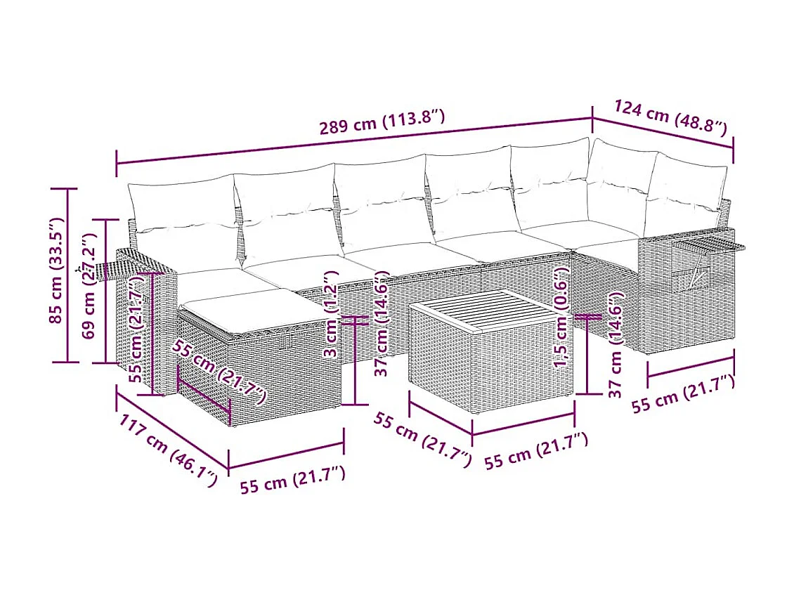 Salon de jardin 8 pcs avec coussins gris résine tressée