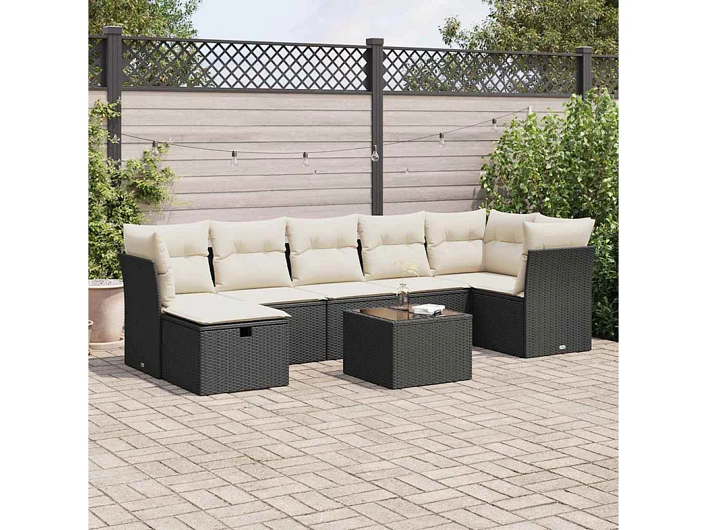 Salon de jardin 8 pcs avec coussins noir résine tressée