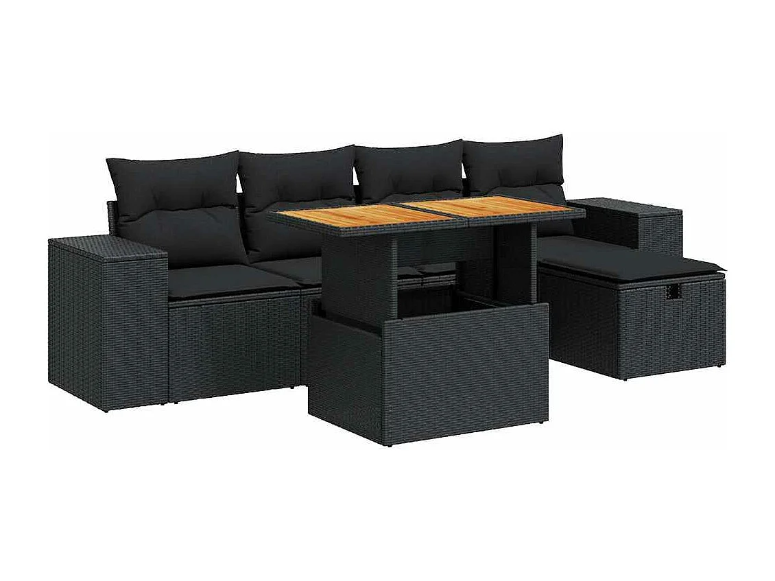 6-delige Loungeset met kussens poly rattan acacia zwart