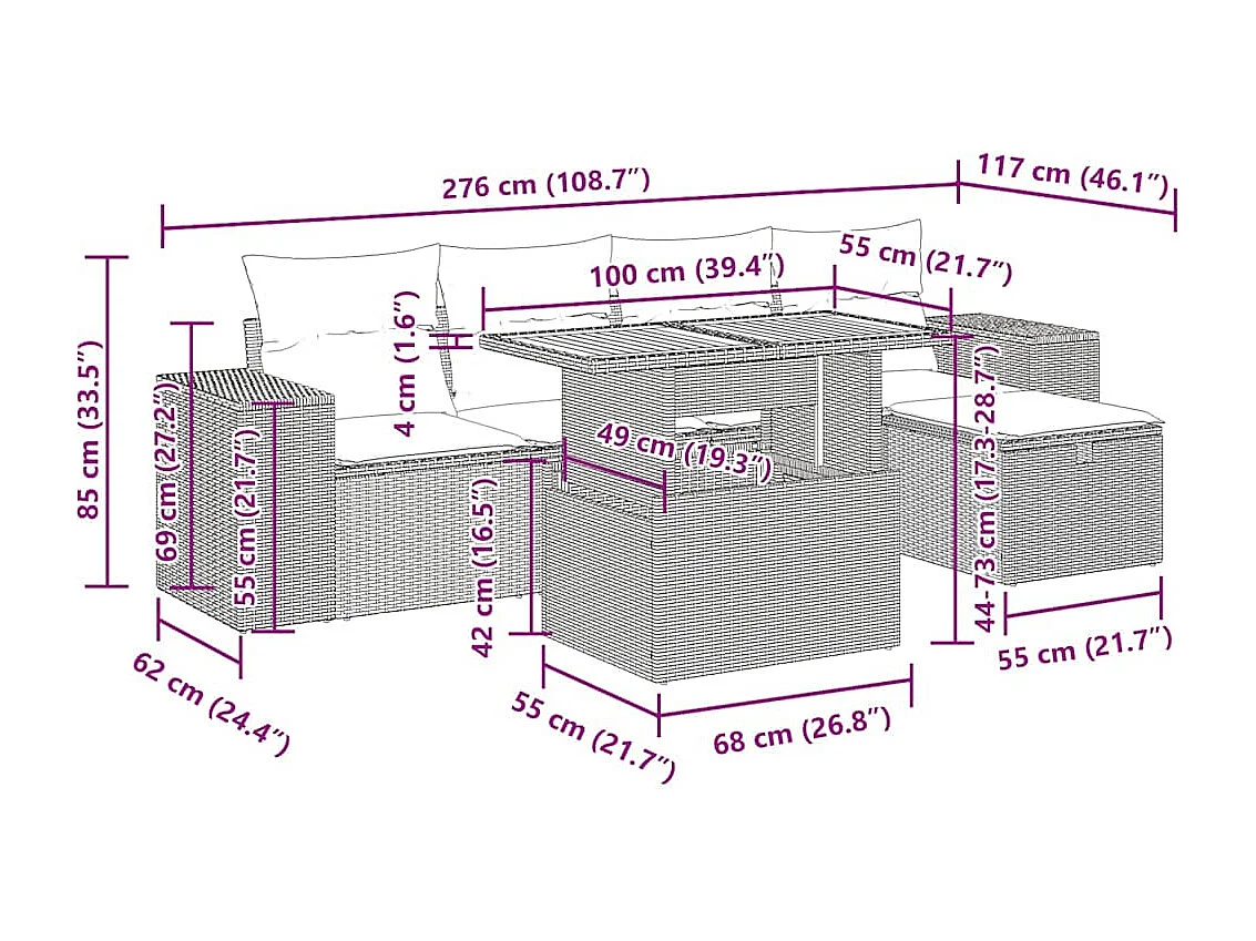 6-delige Loungeset met kussens poly rattan acacia zwart