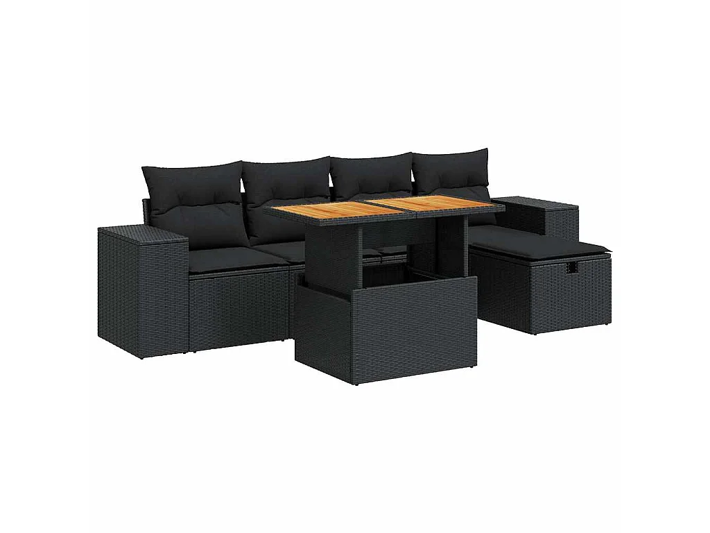 Set Divano da Giardino 6 pz con Cuscini Nero Polyrattan Acacia