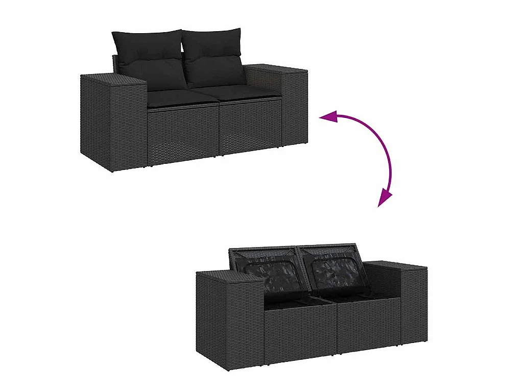 Set Divano da Giardino 6 pz con Cuscini Nero Polyrattan Acacia