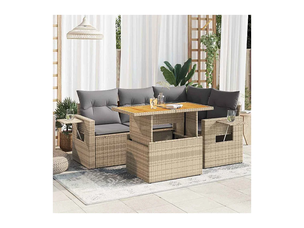 5 pcs conjunto de sofás p/ jardim com almofadões vime PE bege