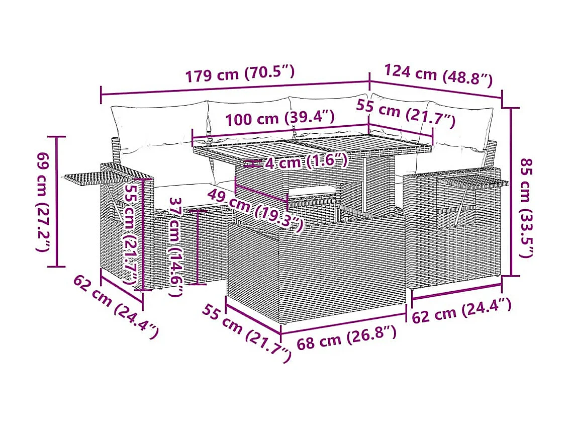 5 pcs conjunto de sofás p/ jardim com almofadões vime PE bege