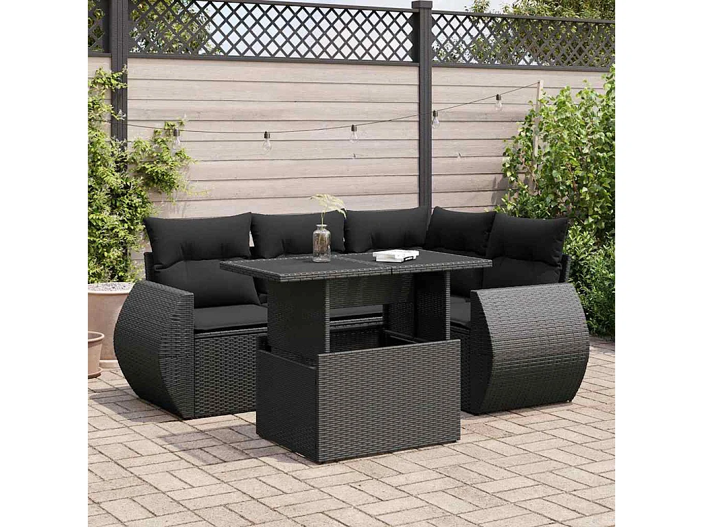 Salon de jardin 5 pcs avec coussins noir résine tressée