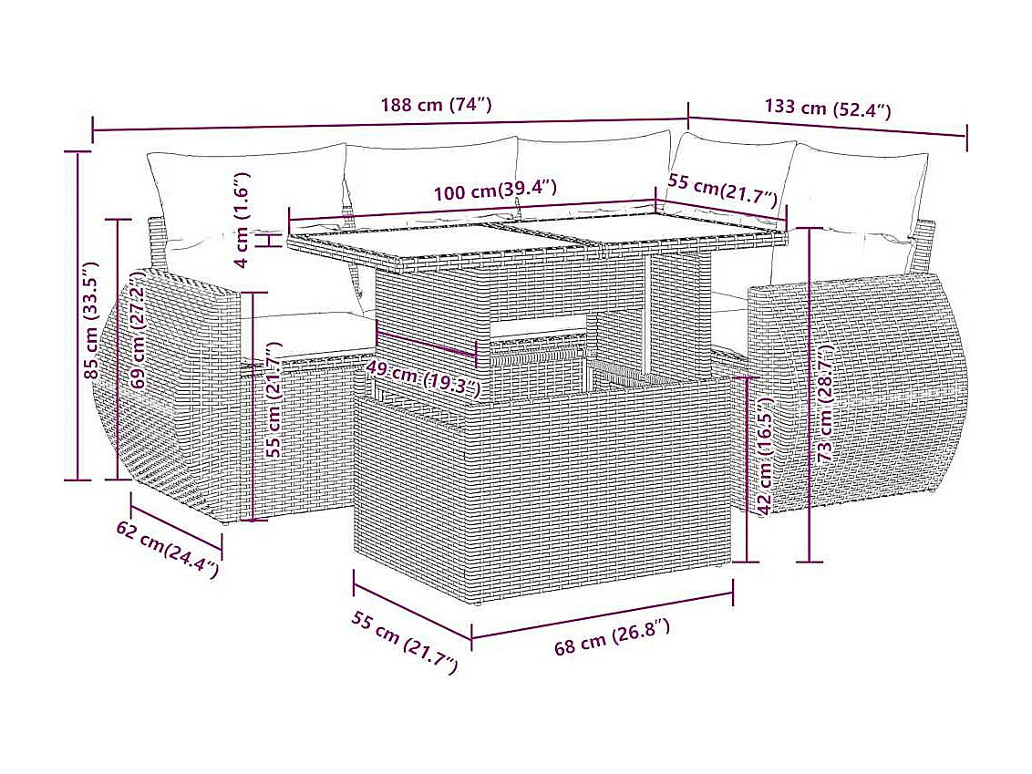 Salon de jardin 5 pcs avec coussins noir résine tressée