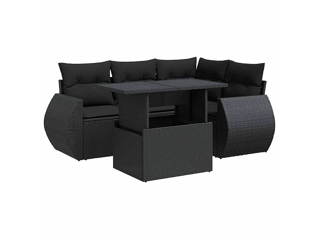Salon de jardin 5 pcs avec coussins noir résine tressée