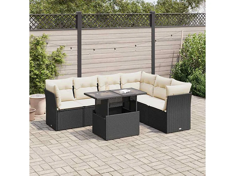 Salon de jardin 7 pcs avec coussins noir résine tressée