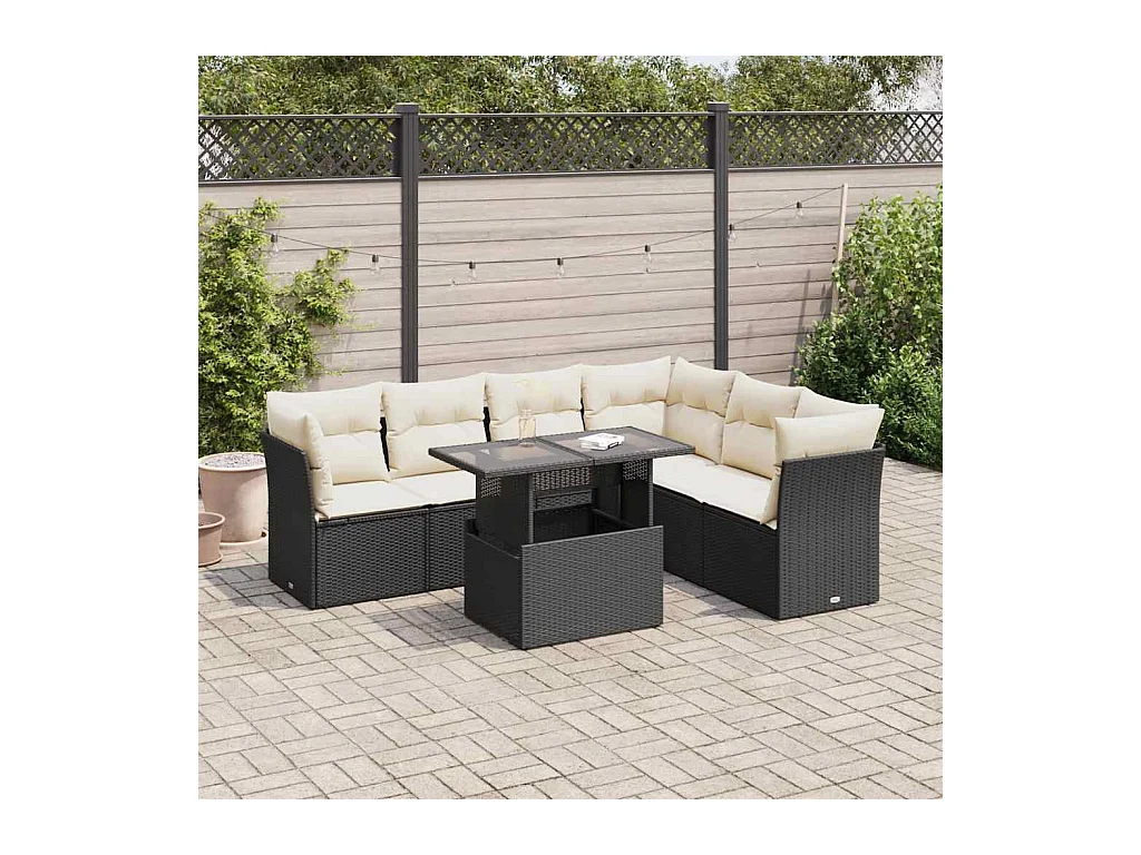 Salon de jardin 7 pcs avec coussins noir résine tressée